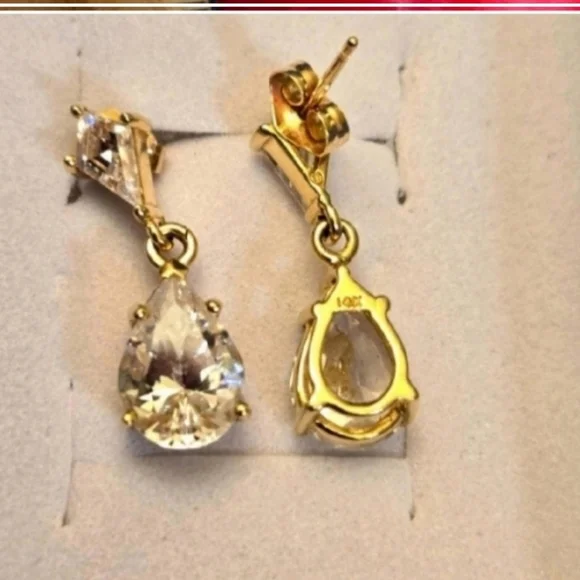 14kt Solid Yellow Gold Cubic Zirconia Hanging Earrings - Picture 10 of 10